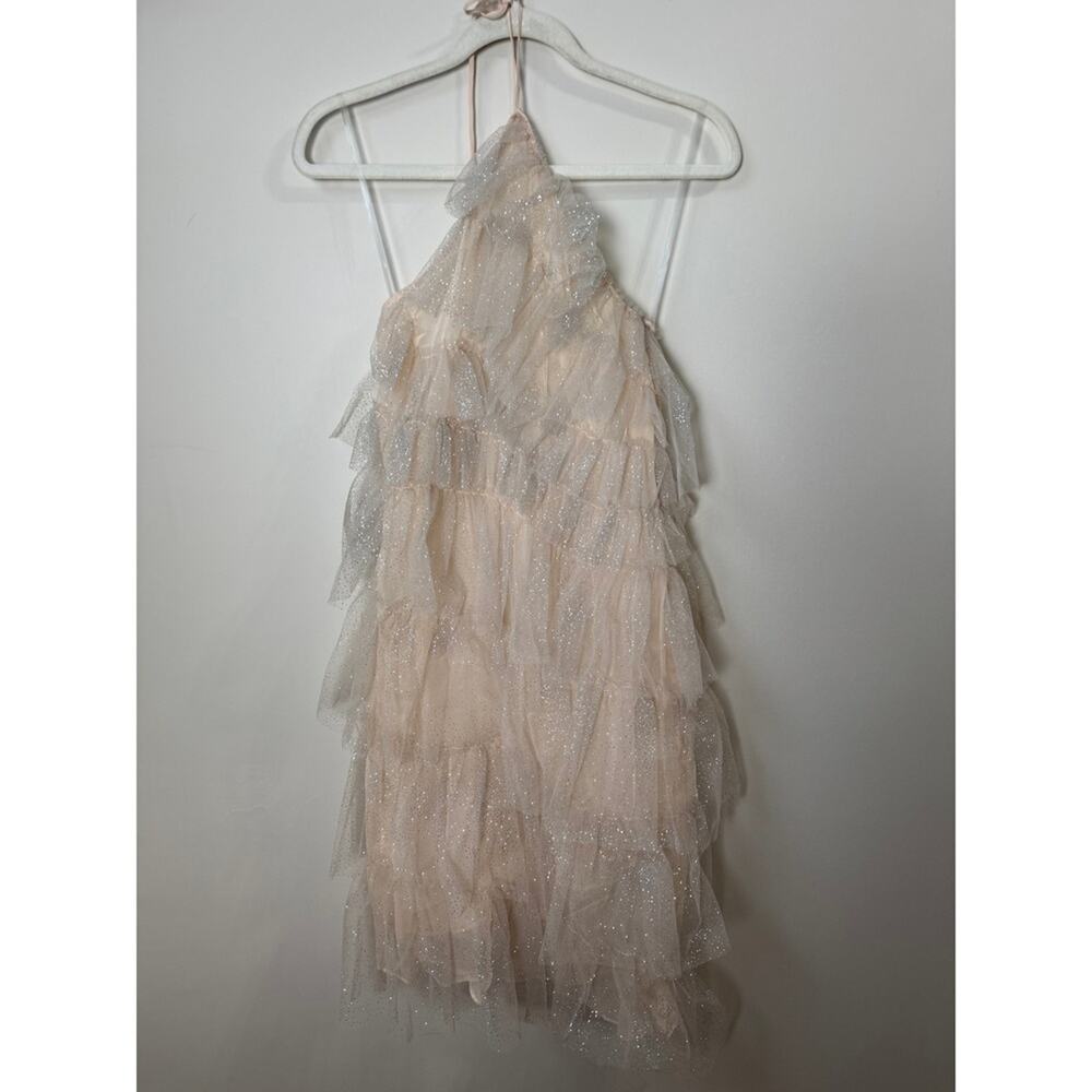 The Bar Tiered Glitter Tulle Lou Mini Dress Champagne Pink Halter Party Size 0 - Picture 2 of 6